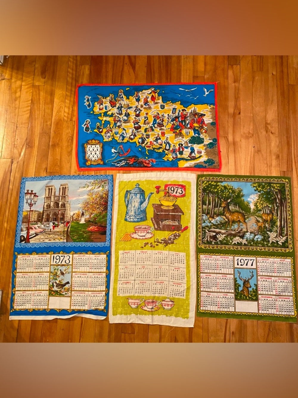 Vintage 1973-1977 Calendar Map of France Tea Towels Linen/ cotton lot